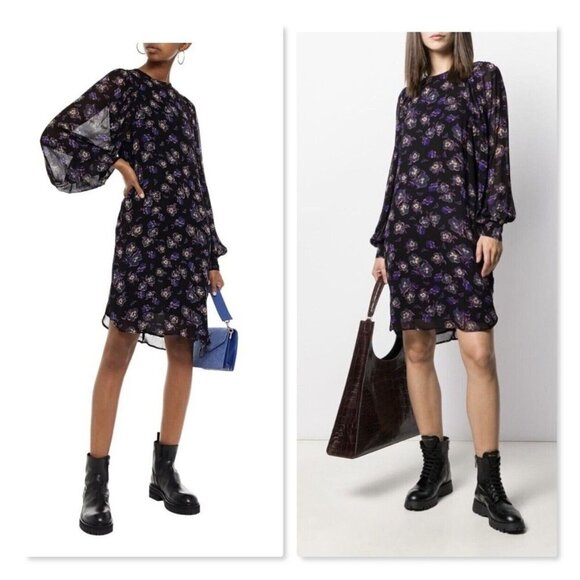 Ganni Georgette Gathered Floral Print Mini Dress - Picture 1 of 16